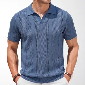 Heren Ijszijde Opengewerkt Gebreid Poloshirt Zakelijk Casual Johnny Kraag Korte Mouw Top Ademende Zomer Gebreide Kleding
