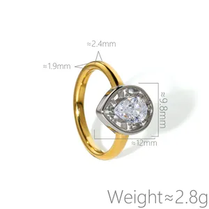 Detailed view of the pear-shaped zircon ring showing dimensions and 2.8g weight.