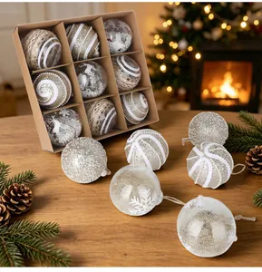Detailed view of assorted festive Christmas ball ornaments in a cozy fireplace setting.