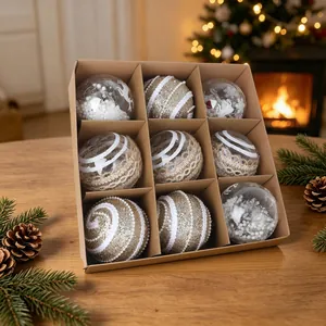 Assorted set of 9 Christmas ball ornaments in kraft paper box for festive holiday decor