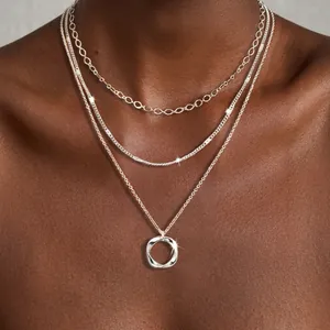 Minimalist Multi Layered Necklace For Women 14K Gold Silver Plated Copper Square Plate Snake Bone Chain Rhinestone Jewelry Gift