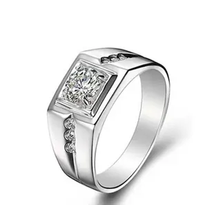 Detail view of men's geometric square ring with micro-pave cubic zirconia accents