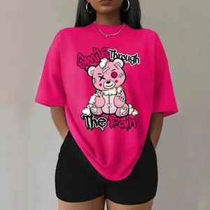 Women Cotton Cartoon Bear Graphic T-Shirt Casual Round Neck Short Sleeve Loose Top Plus Size Streetwear Printed Summer Tee