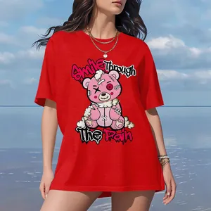 Red oversized T-shirt for women with cartoon bear print and Smile Through The Rain slogan