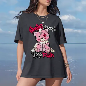 Oversized dark grey t-shirt with pink teddy bear print and Smile Through The Rain text
