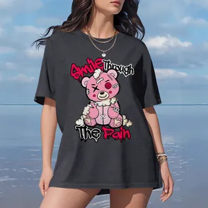 Oversized dark grey T-shirt with pink cartoon bear and Smile Through The Rain print.