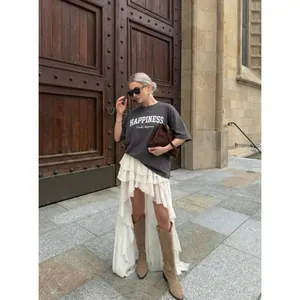 Camiseta oversize de algodón gris oscuro para mujer con estampado Happiness estilo urbano