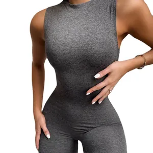 Modieuze mouwloze nauwsluitende sportjumpsuit met hoge taille in grijs voor dames, zomer