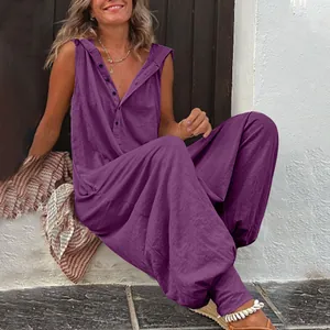 Casual μωβ αμάνικη ολόσωμη φόρμα με κουκούλα, κουμπιά και χαλαρό στυλ harem