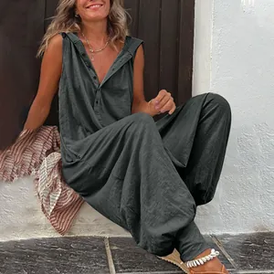 Κομψή αμάνικη ολόσωμη φόρμα με κουκούλα και κουμπιά σε σκούρο γκρι άνετη γραμμή