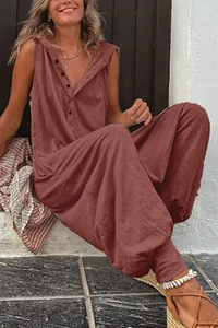 Casual terracotta hooded sleeveless jumpsuit with button detail and wide leg fit