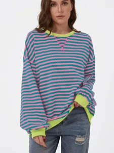 Casual vibrant pink and green striped long-sleeve T-shirt with neon green trim