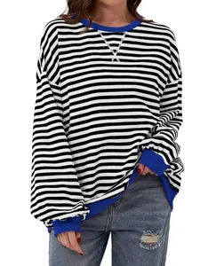 Casual women's striped long-sleeved T-shirt with blue contrast collar and cuffs