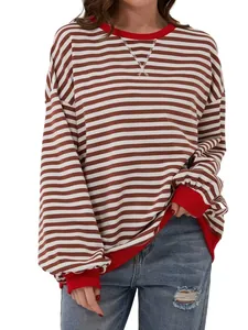 Minimalist casual women's striped long sleeve crew neck top with red ribbed trim