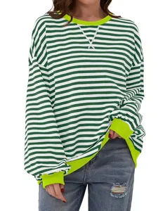 Casual women's long-sleeve crew neck T-shirt with green and white stripes and neon cuffs
