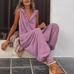 Women's chic purple sleeveless hooded jumpsuit featuring a button-up V-neck design