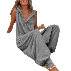 Casual women's sleeveless hooded jumpsuit with button detail and harem pants style