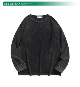 High street washed distressed black long-sleeve cotton T-shirt flat display for men streetwear