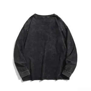 Vintage washed charcoal gray oversized long-sleeve cotton T-shirt for men streetwear