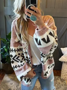 Cardigan en Maille pour Femmes Décontracté Coupe Large Jacquard Géométrique Colorblock Col en V Manche Évasée Bouton Devant Pull Veste