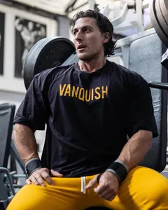 Heren oversized zwart fitness T-shirt van katoen met gele Vanquish print voor gym