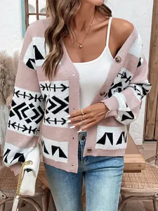 Gilet en maille rose et blanc à motifs jacquard et coupe ample décontractée pour femme