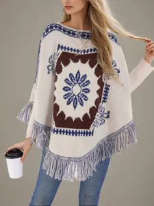 Poncho en tricot style ethnique pour femmes avec motifs floraux bleus et franges