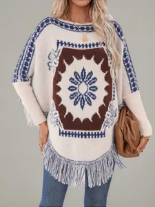 Pull poncho en maille de style ethnique bohème avec de longues franges et un motif soleil