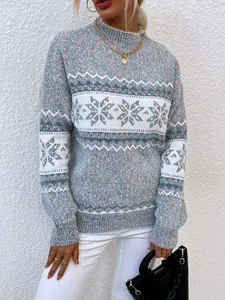 Women's Christmas knit sweater with snowflake pattern and half-high collar