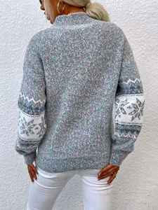 Women's Christmas snowflake knit sweater with semi-high collar and textured back view