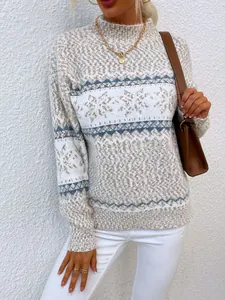 Detail of women's half-turtleneck snowflake knit sweater with winter pattern
