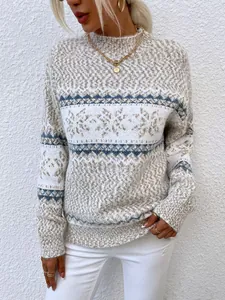 Close-up of women's Christmas snowflake knit sweater with half-high collar and soft texture