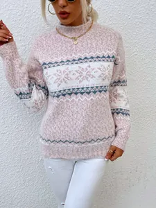 Women's pink Fair Isle knit sweater with snowflake pattern and mock neck detail view