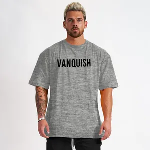 Grijs heren fitness T-shirt van katoen met zwarte Vanquish-opdruk sportieve pasvorm