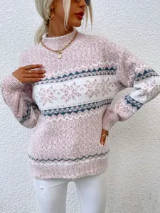Close-up of pink snowflake knit sweater for women with cozy semi-high collar for winter