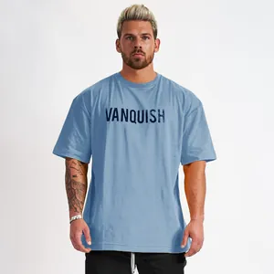 Professioneel hemelsblauw oversized katoenen fitness t-shirt voor heren met borstprint