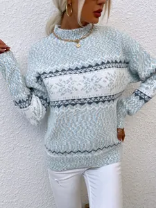 Close-up of women's light blue snowflake Fair Isle knit sweater with mock neck.