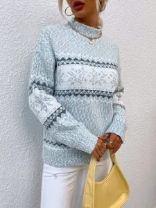 Close-up detail of a soft mock neck knit sweater featuring blue and white snowflake patterns
