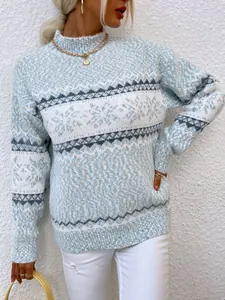 Detail view of women's Christmas snowflake knit sweater with fuzzy texture and semi-high neck.