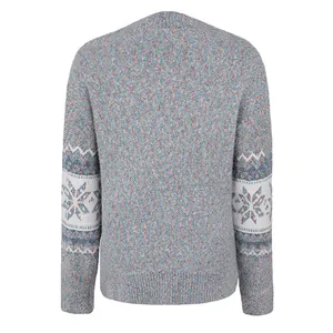 Back view of blue speckled Christmas sweater with snowflake sleeve pattern details.