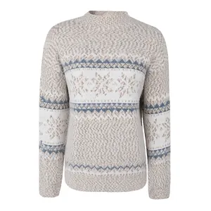 Detailed close-up view of the festive snowflake knit pattern on a beige mock neck sweater