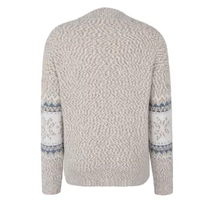 Detailed back view of a women's mock neck knit sweater with blue snowflake sleeve pattern