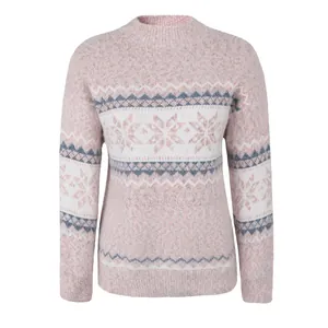 Detail of pink Fair Isle sweater featuring white snowflake patterns and soft knit texture.