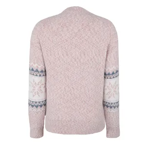 Back view of women's pink knitted sweater featuring festive snowflake patterns on sleeves