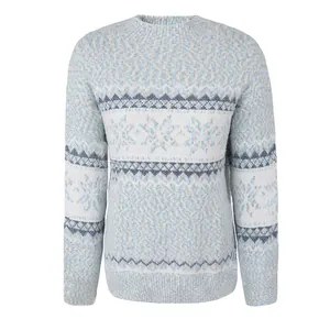Front view of a light blue and white snowflake pattern knit sweater on white background