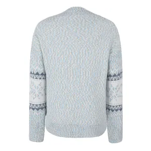 Detailed back view of a light blue mock neck knit sweater with snowflake sleeve pattern