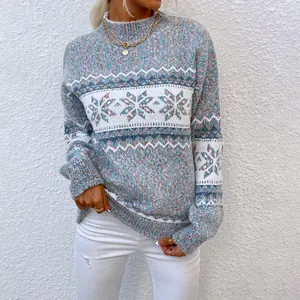 Women Christmas Snowflake Jacquard Sweater Mock Neck Long Sleeve Knitwear Pullover Casual Festive Streetwear Jumper Top