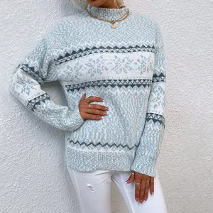 Elegant women's Nordic snowflake knit sweater with a cozy mock neck for the winter season