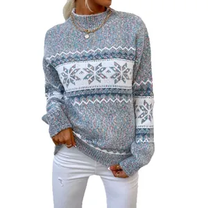 Women's blue snowflake knit Christmas sweater with semi-high collar