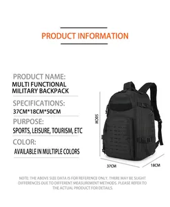 Detailed specifications of black tactical military backpack for hiking and outdoor